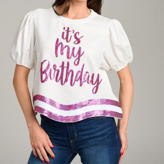 It’s My Birthday Sequin Graphic Top