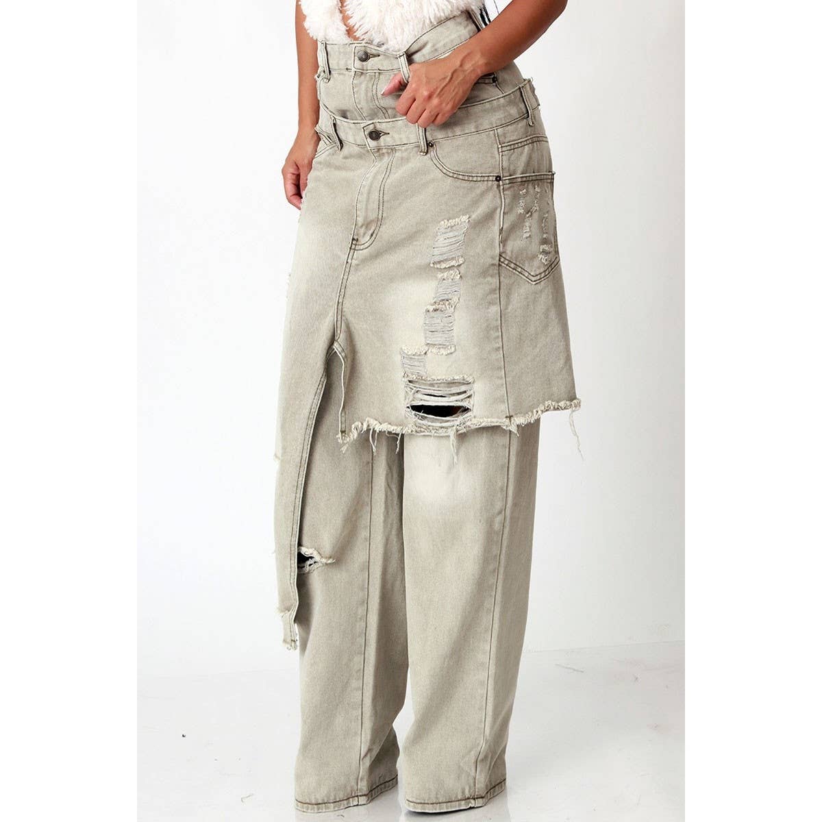 DISTRESSED SKIRTED DENIM PANTS